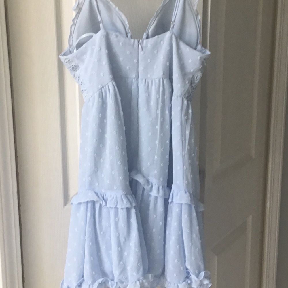 NWT Angel Biba Womens Deep V Neck Crochet Bust Swiss Dot Mini Dress Size XS Blue - Picture 4 of 4